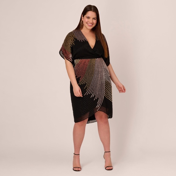 ADRIANNA BY ADRIANNA PAPELL: Beaded Faux Wrap Dress With Dolman Sleeves (NWT)